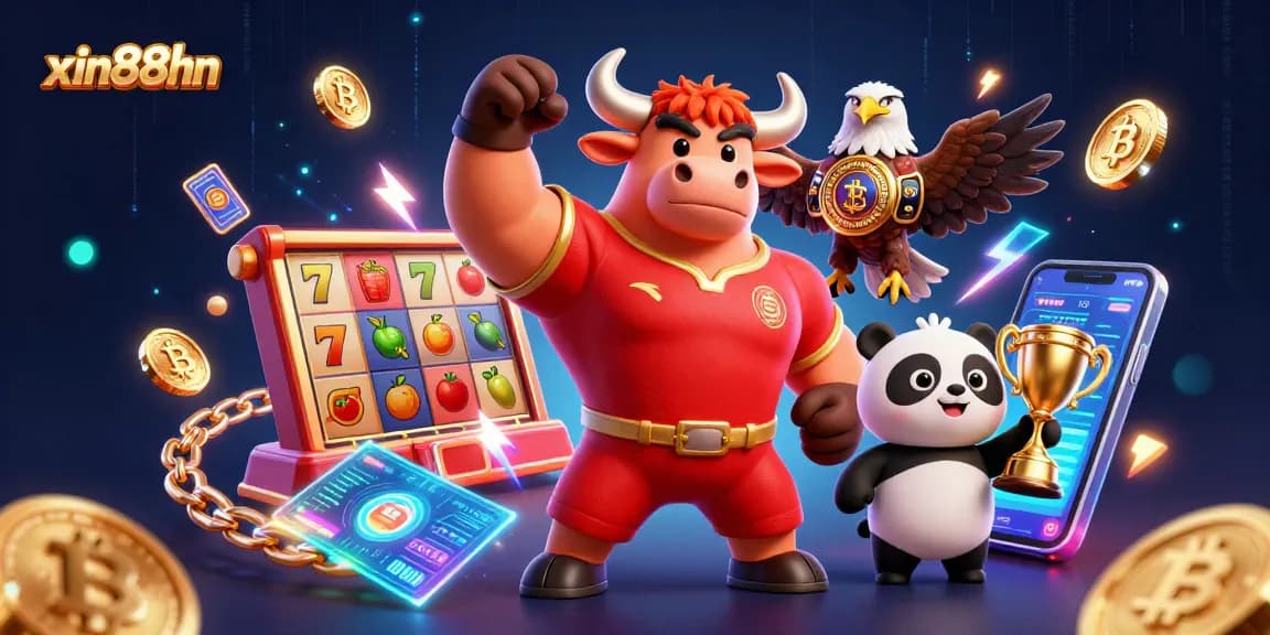Spin for riches at xin88hn, featuring a powerful bull mascot, eagle, and panda in a vibrant casino scene.