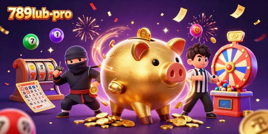Experience the excitement of 789lub-pro with vibrant casino elements and colorful gaming characters.