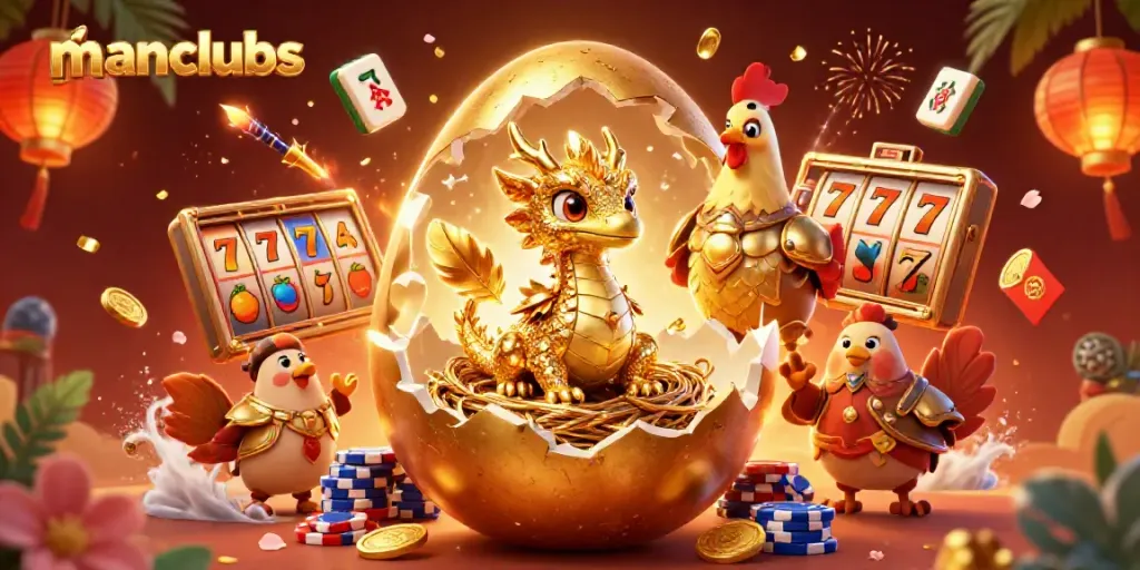 Experience manclubs' vibrant gaming world with a golden dragon emerging from poker chips amidst thrilling slot reels.