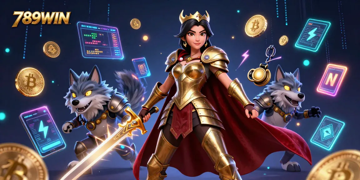 Engage in thrilling gameplay at 789WIN with a warrior queen and her armored wolf amid blockchain symbols.