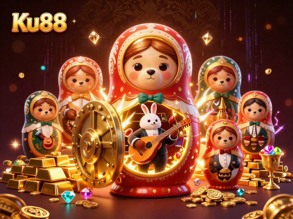Ku88 engages players with vibrant online casino excitement, featuring lively characters, treasures, and gaming elements.