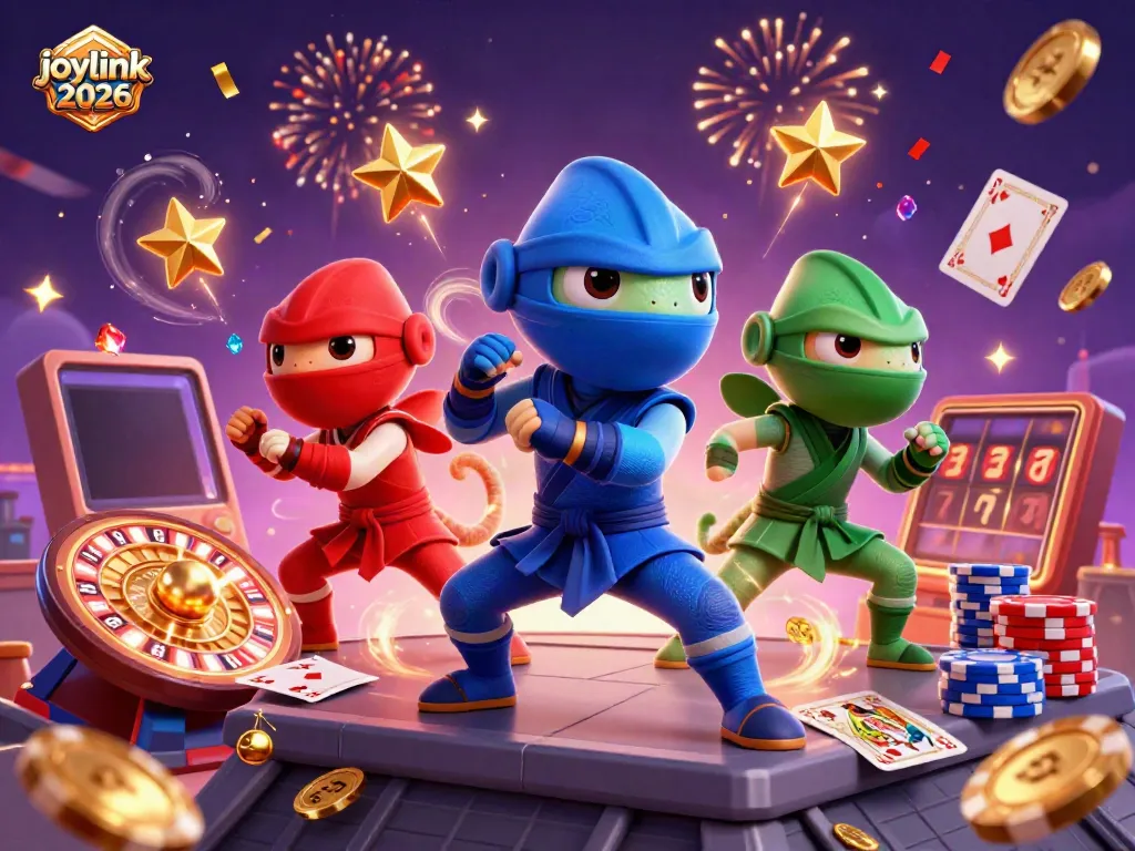 Experience thrilling wins with joylink 2026 as ninja chameleons celebrate with casino elements.