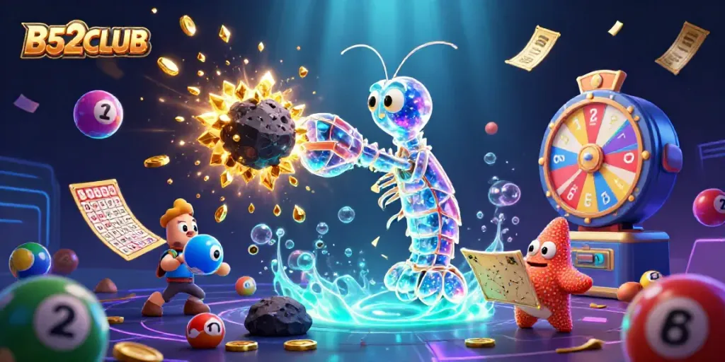 B52CLUB illustrates a galactic mantis shrimp battling asteroids for golden gems in a colorful online gaming scene.