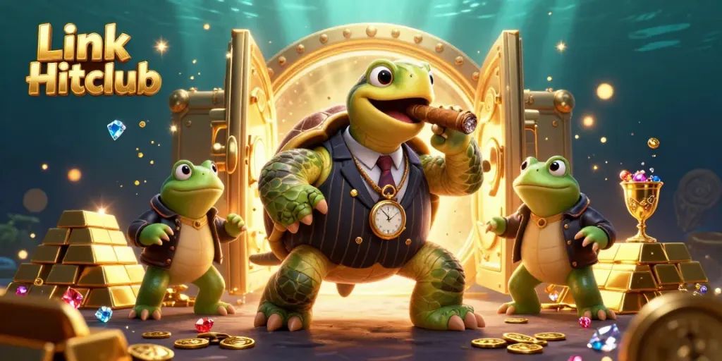 Engage with Link Hitclub in a vibrant casino scene featuring a snapping turtle and bullfrogs amid treasures.