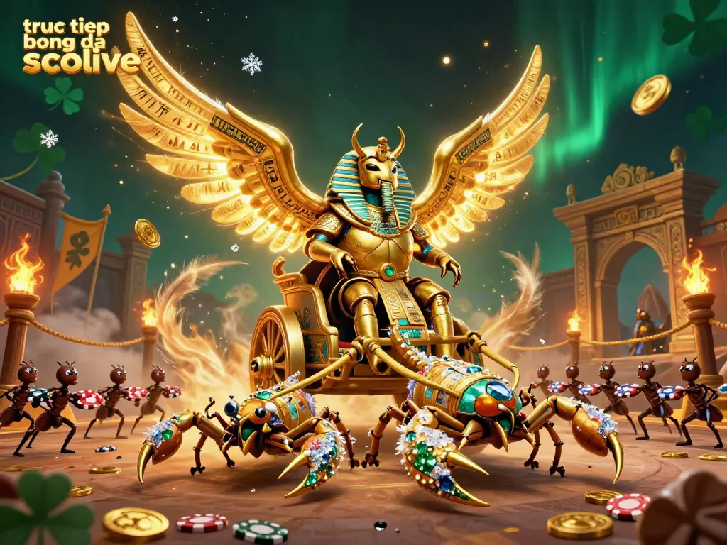 Experience truc tiep bong da socolive through a spectacular 3D illustration of a golden scarab beetle with poker chips and dynamic gambling elements.