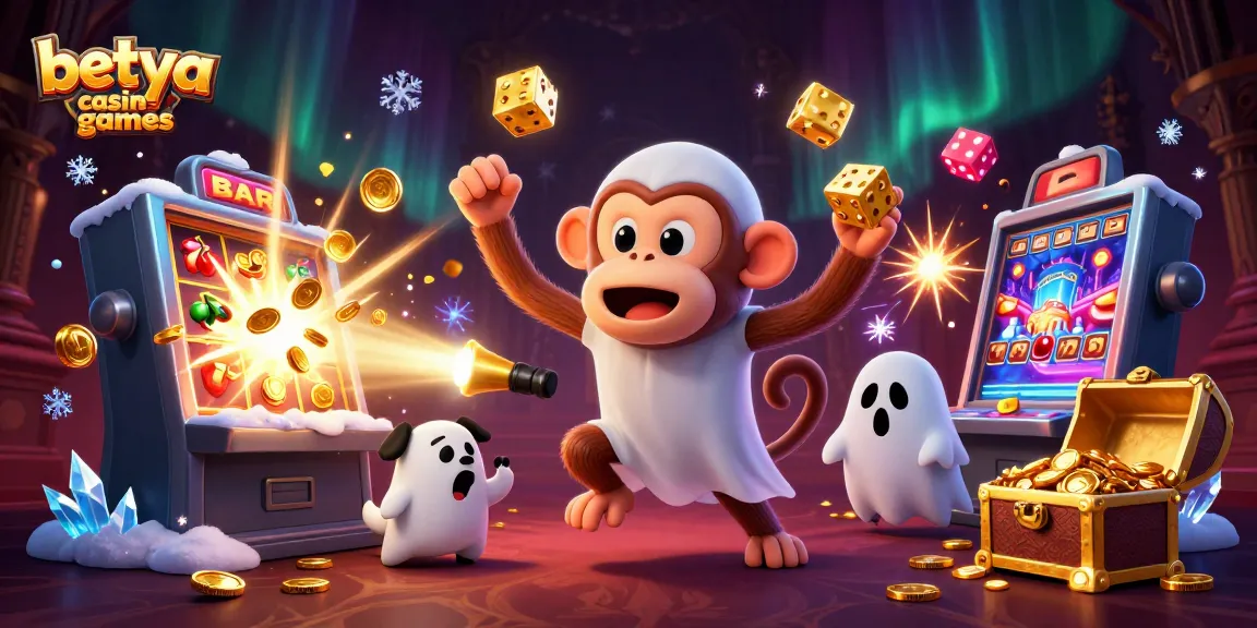 Experience thrilling betya casino games with a lively 3D illustration of a playful poltergeist monkey juggling coins.