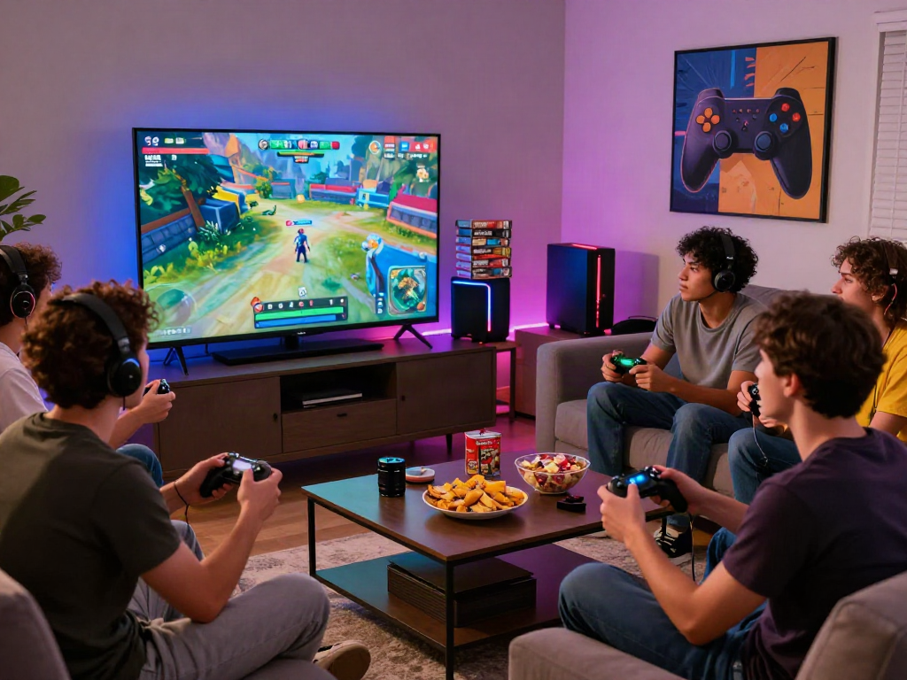 Group of friends enjoying a game night with rokok88 alternatif snacks in a cozy living room.