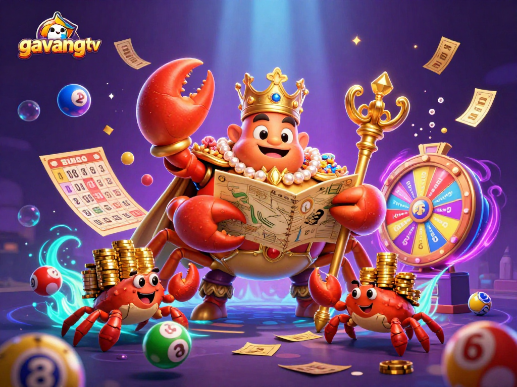 Experience the excitement of gavangtv with a vibrant 3D casino-themed illustration featuring a golden crab emperor.