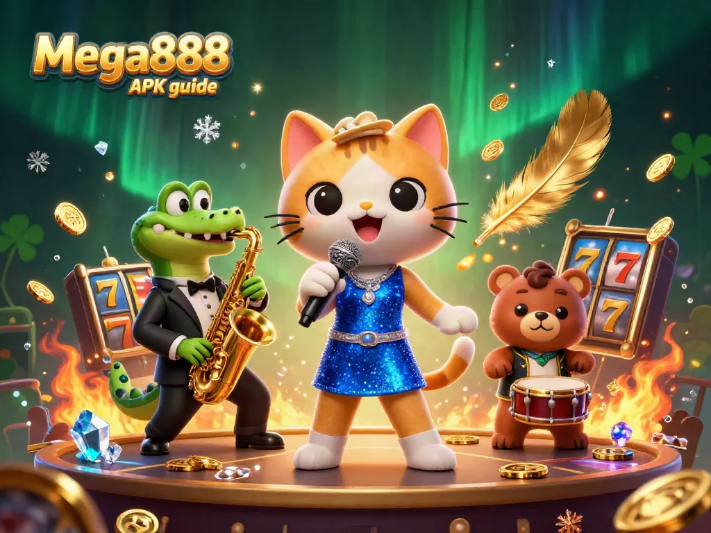Engage with the Mega888 APK guide featuring a lively 3D jazz band on stage in a vibrant casino atmosphere