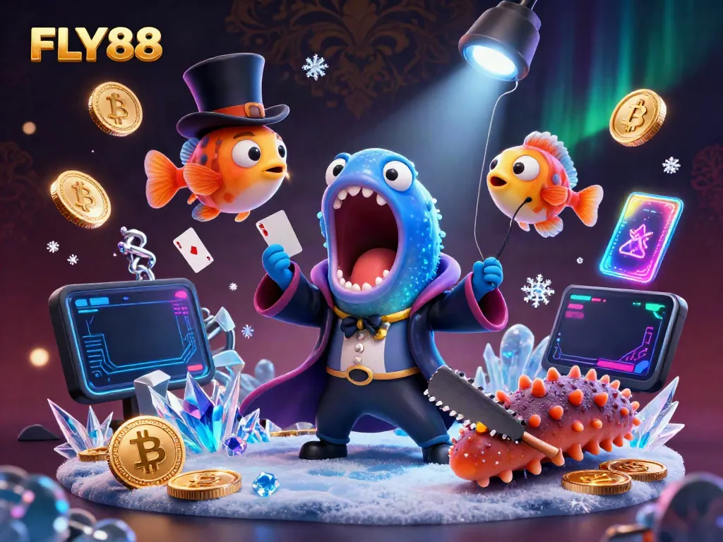 FLY88 showcases a whimsical deep-sea gambling scene with a magician eel performing card tricks.