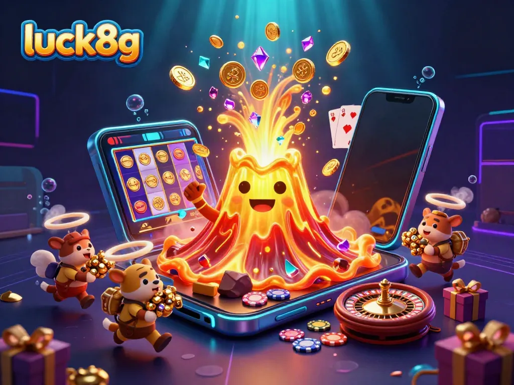 Experience the vibrant excitement of luck8g with a dynamic scene filled with a golden volcano spilling treasure and a colorful slot game!