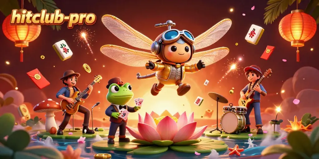 Engage in thrilling games with hitclub-pro at a vibrant lily pad casino with dynamic characters.