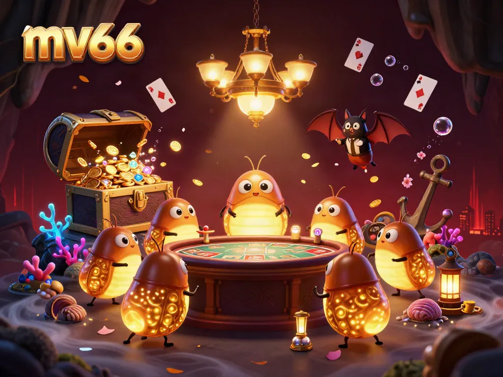 Bet at mv66 while enjoying a dynamic 3D casino scene filled with glowworms and treasure.
