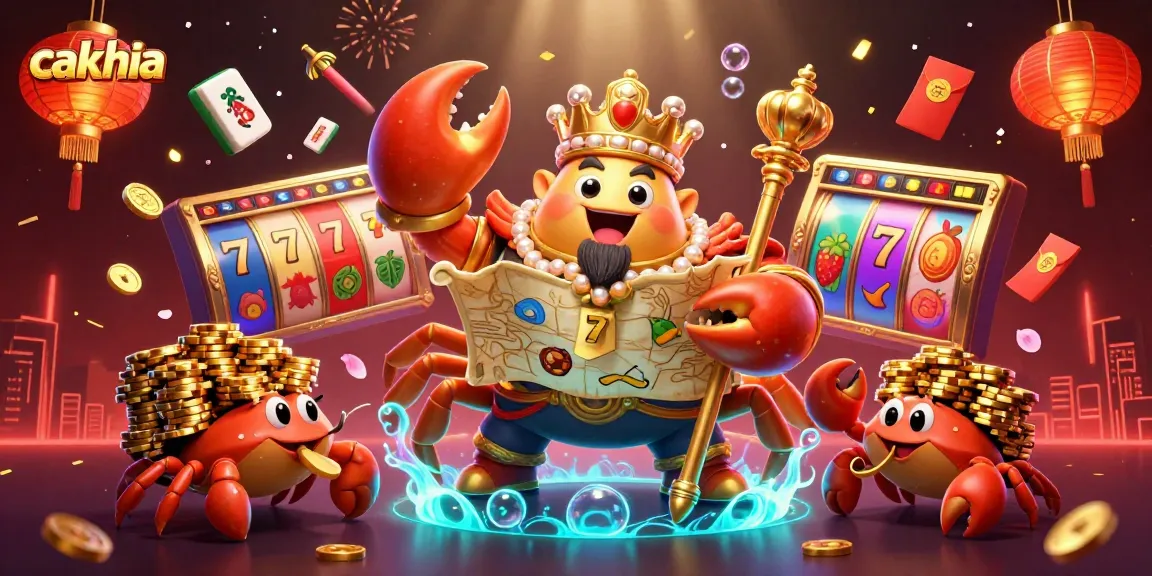 Celebrate with cakhia's vibrant casino experience featuring a golden crab emperor and slot reels!