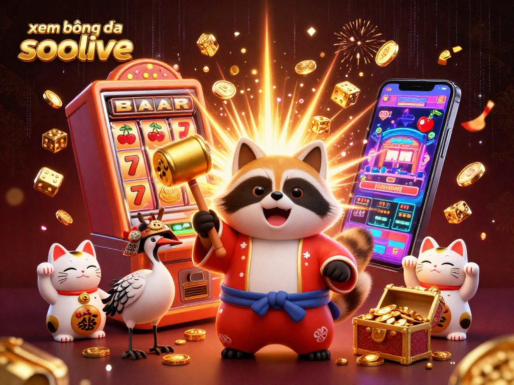 Xem bóng đá socolive with a cheerful tanuki and crane in vibrant casino scene full of action and energy.