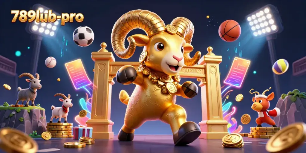 Engage in thrilling action with 789lub-pro at this dynamic online casino scene featuring a golden ram charging through a vibrant gaming atmosphere.