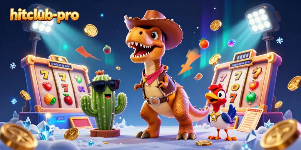 Engage with hitclub-pro's dynamic casino adventure featuring a playful T-Rex amidst exciting slot elements.