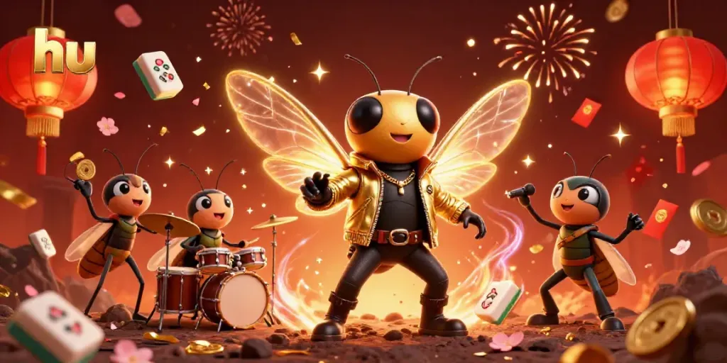 Engage with the hu-themed dynamic casino scene featuring a cicada rock star and vibrant elements.