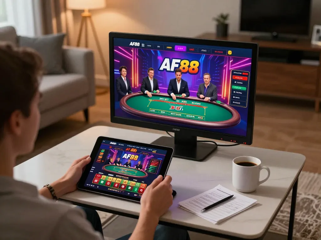 Player engaging with AF88 casino interface on a tablet in a cozy home setting