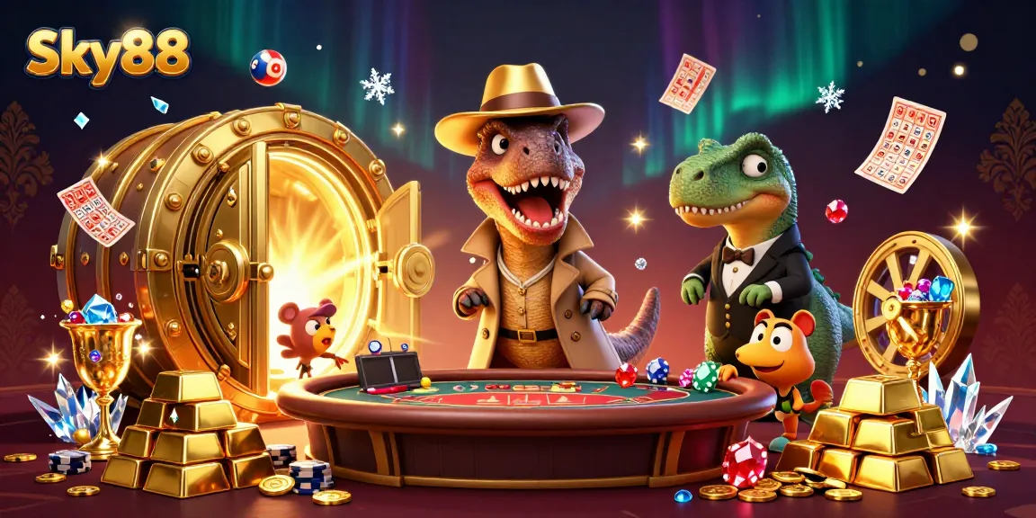 Sky88 features a velociraptor card counter and stegosaurus pit boss amidst vibrant casino visuals.