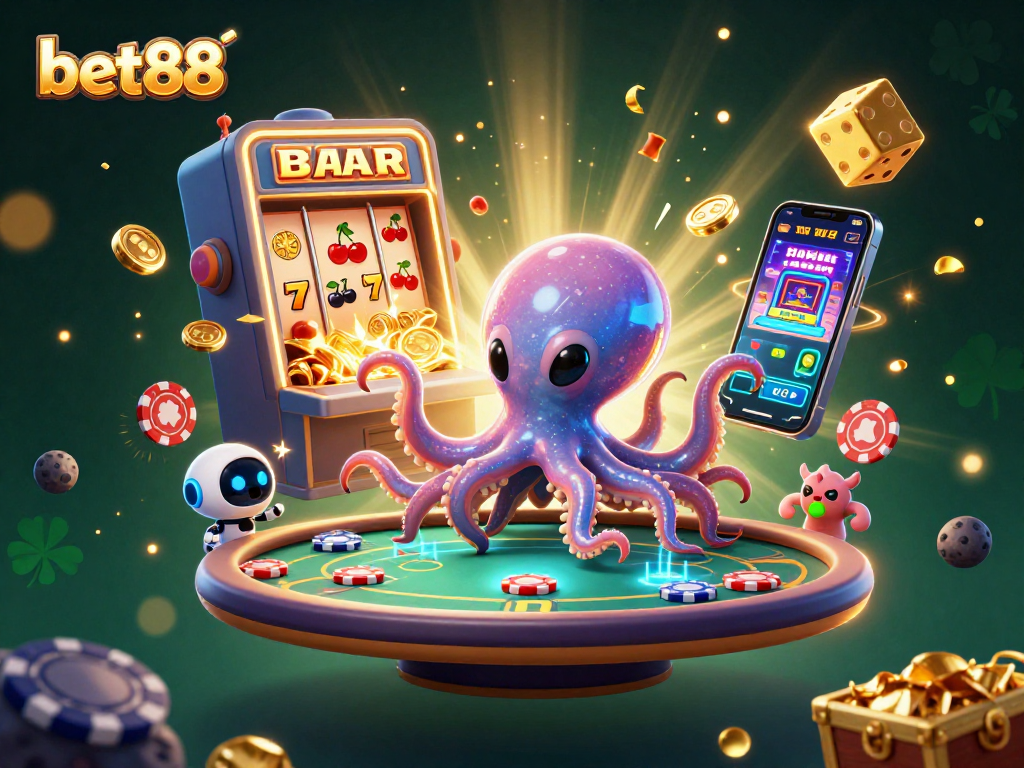 Experience thrilling games at bet88 with a lively alien octopus and poker action!