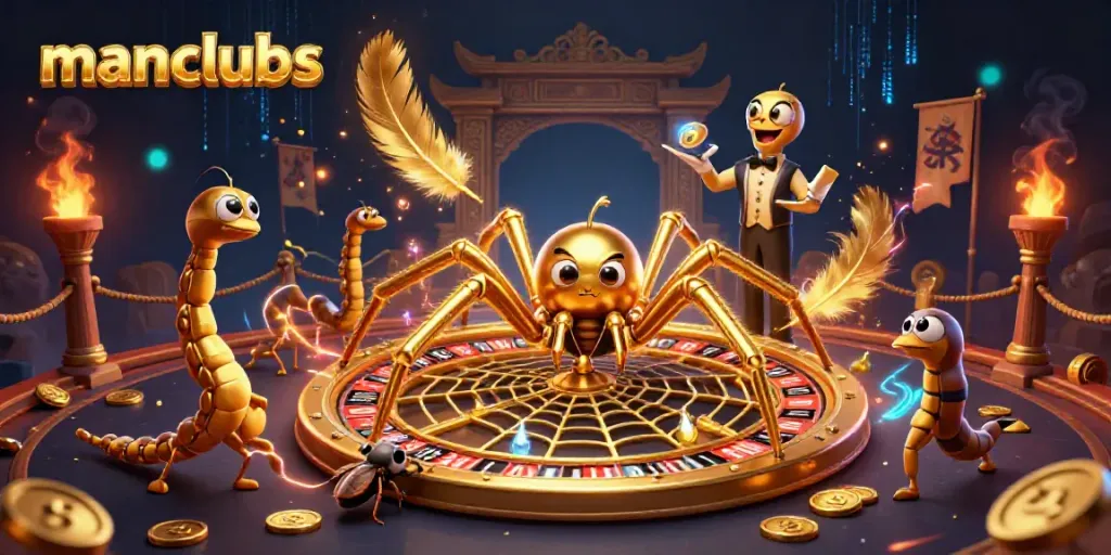 Experience thrilling gameplay at manclubs with a golden roulette web surrounded by vibrant casino elements.