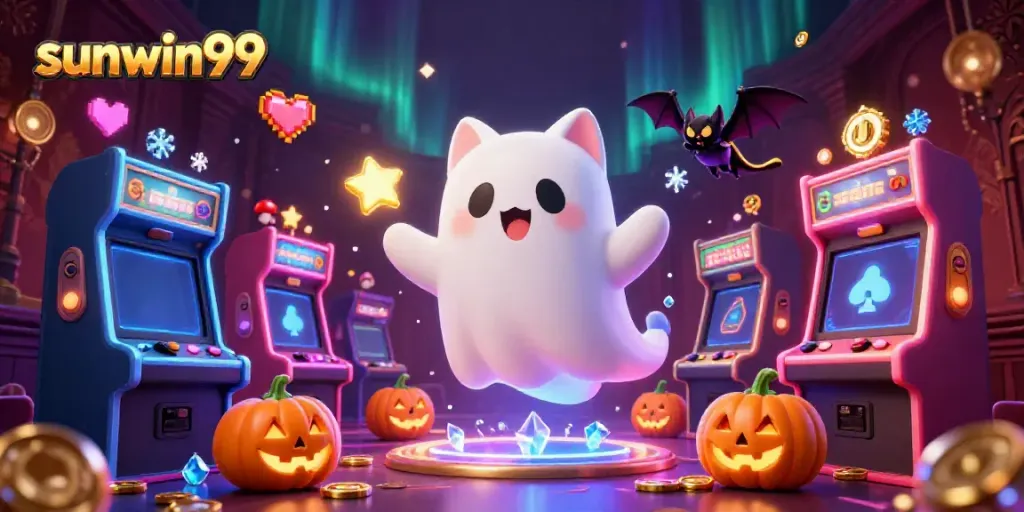 Engage in thrilling gaming with sunwin99 featuring a ghost cat and vibrant casino elements.