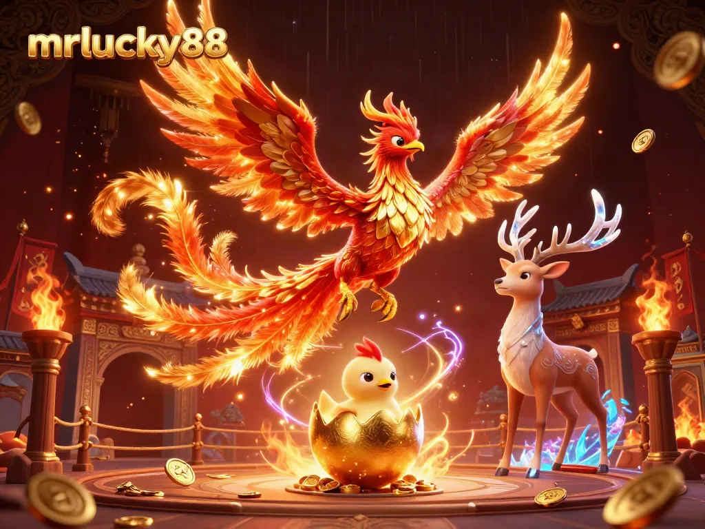 Engage in thrilling gameplay at mrlucky88, featuring vibrant phoenix characters in a dynamic casino scene.