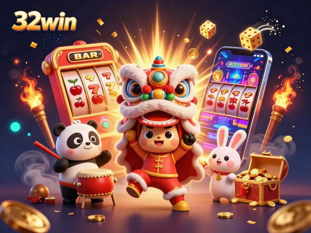 Experience big wins at 32win with a vibrant casino-themed celebration overflowing with excitement.
