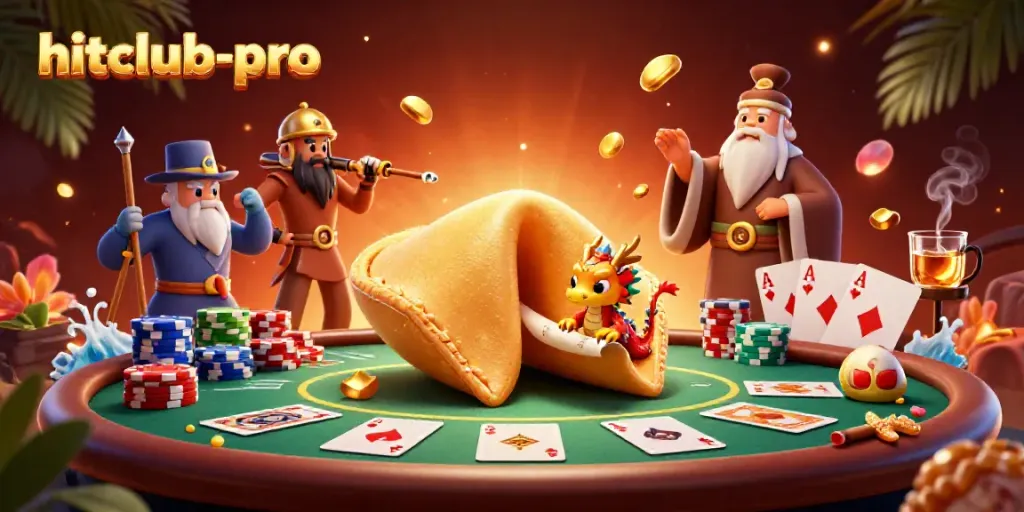 Engage in thrilling gameplay with hitclub-pro, a vibrant casino scene featuring a golden fortune cookie and dragon amidst poker elements.