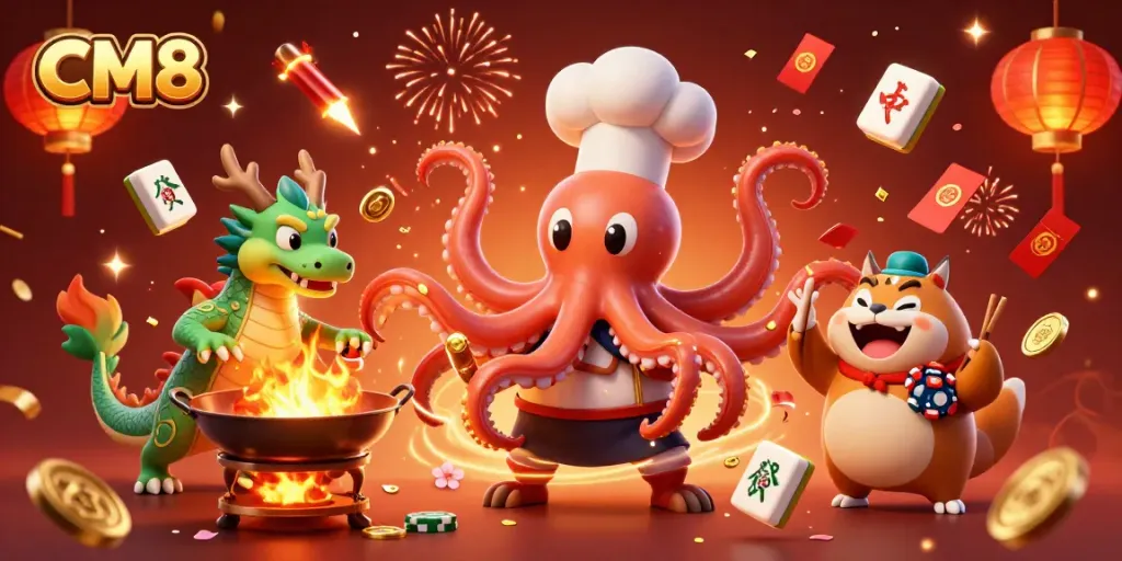 Join the fun at CM8 with the excited sushi chef octopus and friends enjoying casino games and vibrant celebrations.