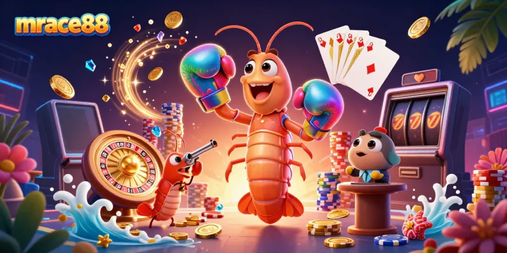 Experience thrilling gameplay with mrace88, featuring vibrant casino elements like slot machines and a dynamic shrimp duo.