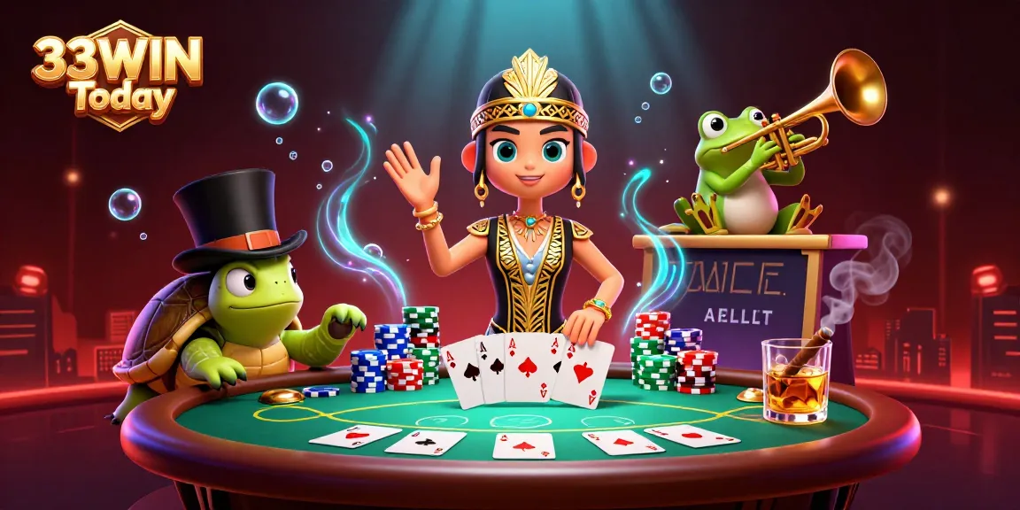 Experience 33WIN Today with vibrant casino characters and dynamic game elements in an exciting digital illustration.