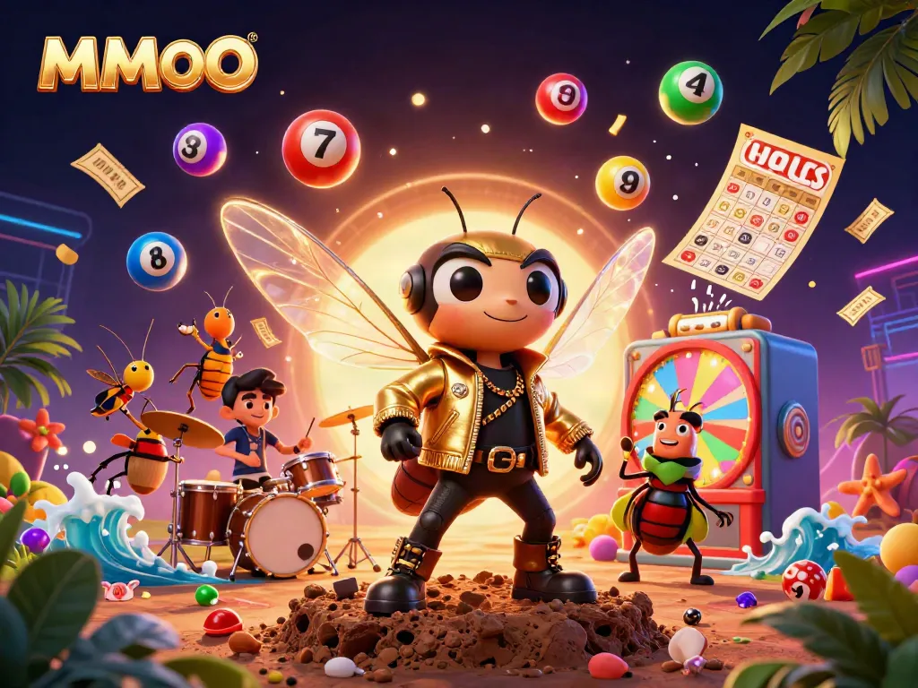 Engage with MMOO as a 3D cartoon cicada rock star takes center stage amidst vibrant gambling elements.
