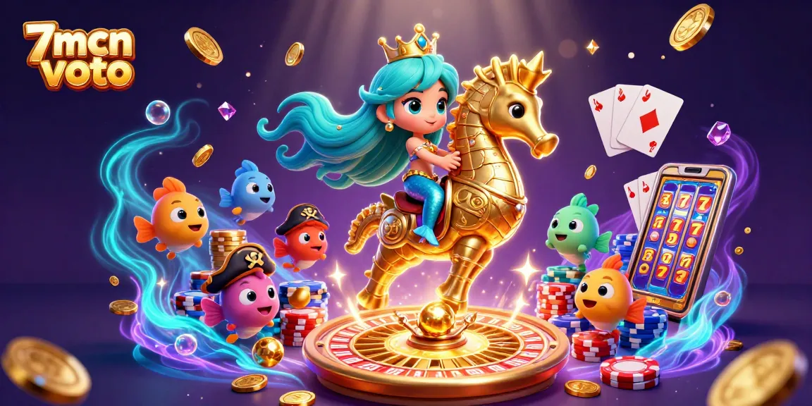 Engage with 7mcn voto surrounded by dazzling casino elements in this vibrant 3D illustration.