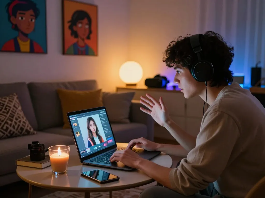 Engaging chat with 18+ AI character in a cozy lounge setting, showcasing a laptop and creative atmosphere.
