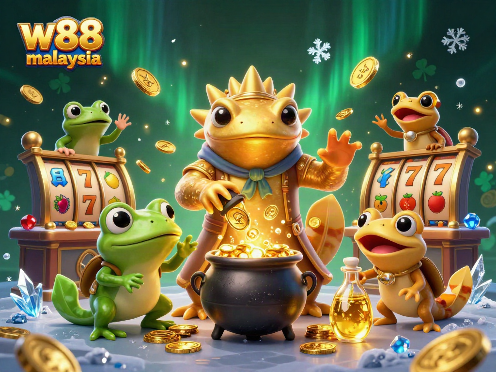 Win big with W88 Malaysia in this vibrant 3D casino illustration featuring magical characters.