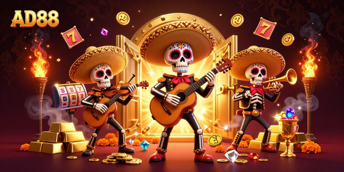 Engage with AD88 in a vibrant 3D casino scene filled with slot reels and golden treasures.