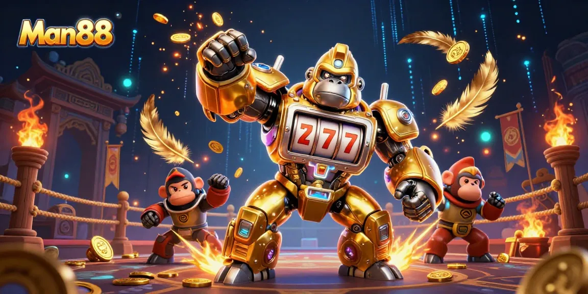 Experience thrilling gambling at Man88 with a dynamic 3D illustration of a golden gorilla mech.
