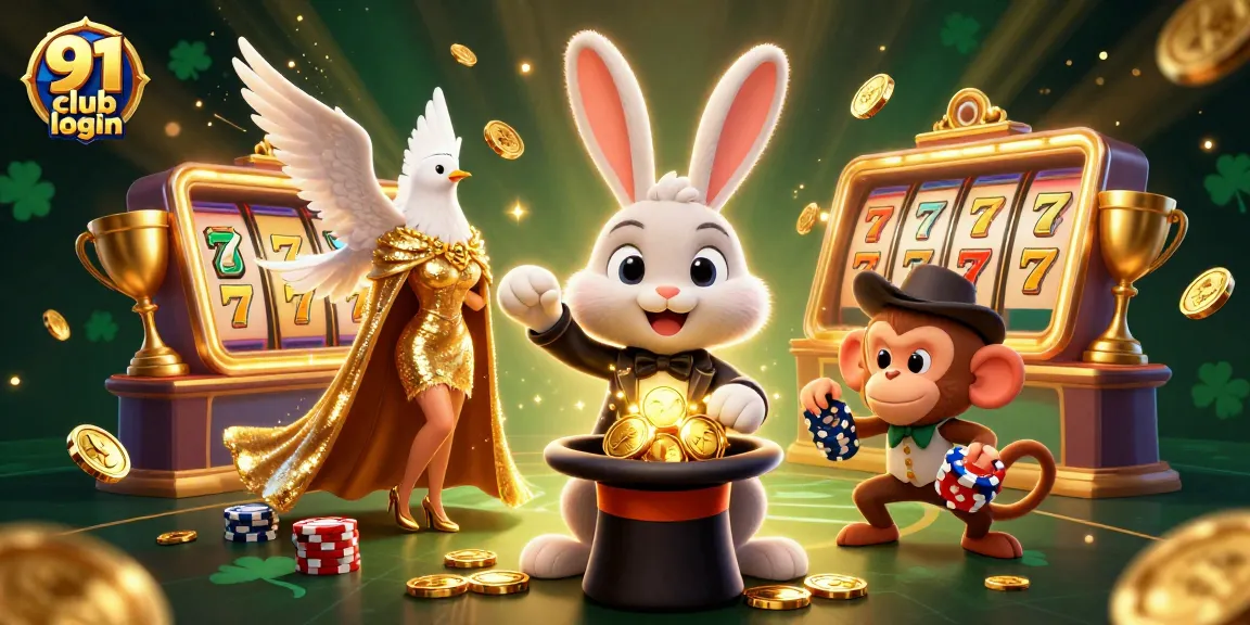 Engage with 91 club login featuring a magician rabbit, dove, and monkey in a lively casino scene.