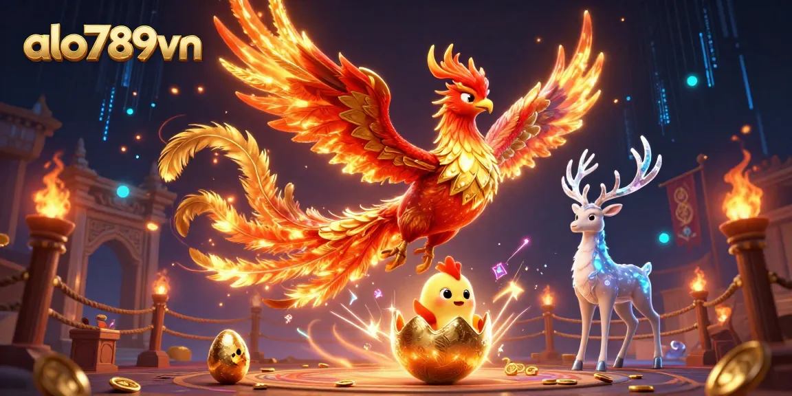 Experience thrilling bets with alo789vn in this vibrant phoenix-themed 3D gambling scene.