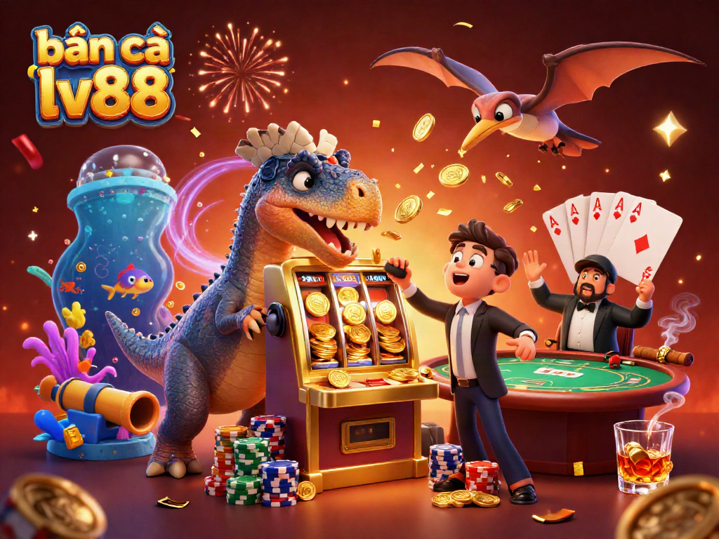 bắn cá lv88 scene depicting a pachycephalosaurus winning coins, with casino chaos around