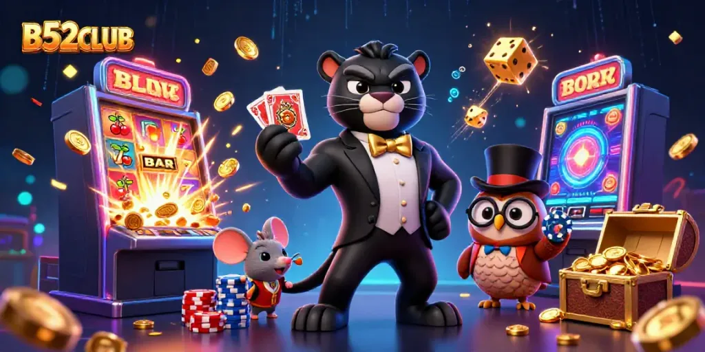 Experience the thrill of B52CLUB with vibrant characters and dynamic casino elements bursting with excitement.