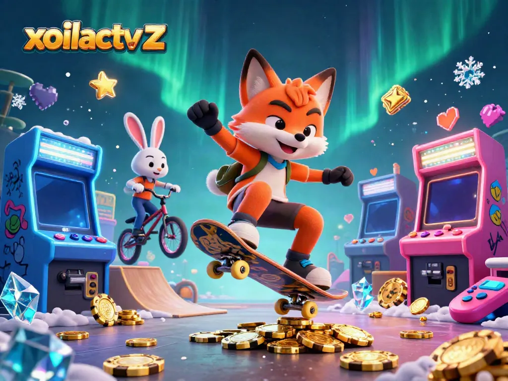 Engage with xoilactv z: a vibrant scene of a fox and rabbit showcasing thrilling casino-like tricks among glowing game machines.