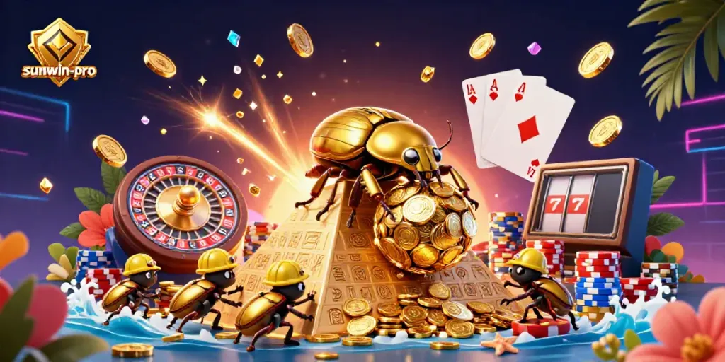 Engage in thrilling gameplay at sunwin-pro with golden coins and vibrant casino elements.