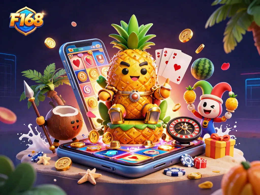 Experience F168's vibrant online casino atmosphere with animated characters and exciting game elements.