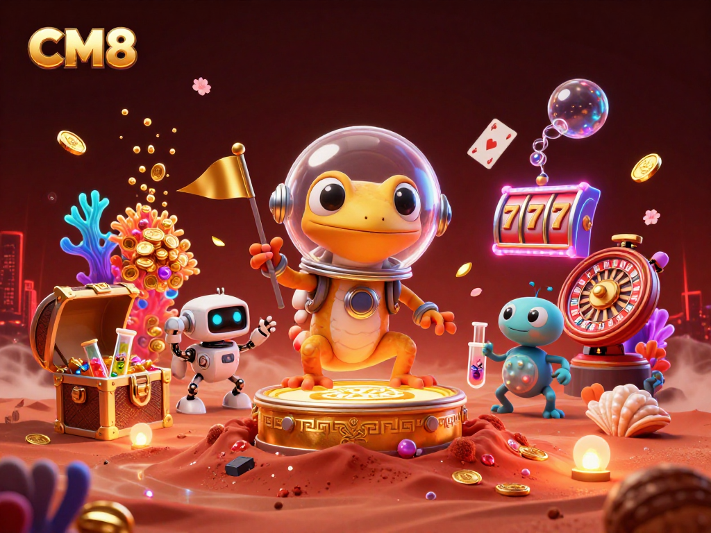 Engage in thrilling gaming adventures at CM8's golden casino with vibrant elements and alien excitement.