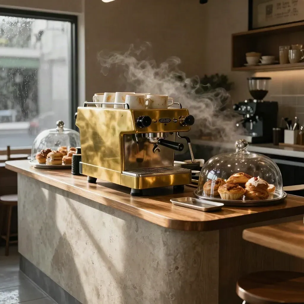 Kaunter Corner Cafe dengan mesin espresso, pastri dan cawan di suasana pagi berkabus.