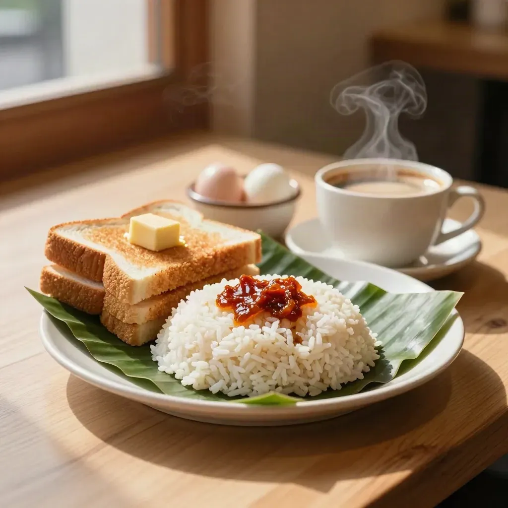 Set sarapan nasi lemak, roti bakar, telur separuh masak dan cawan kopi atas kayu cerah.