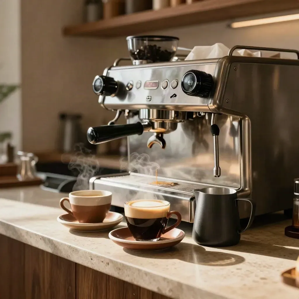 Bar espresso cozy dengan mesin kopi, cawan kecil, dan wap kopi di kafe.